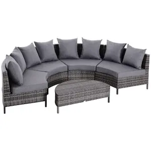 Buy 5 Pieces Rattan Garden Furniture Set, 4 Seater Half-Round Garden Sofa Set with Thickened Cushions, Wicker Conservatory Furniture with 4 Chairs, Rattan Coffee Table and Pillows, Grey