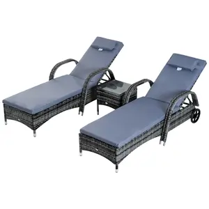 Buy Outsunny 3 Pieces Rattan Sun Loungers, Garden Wicker Wheeling Recliner , PE Rattan Lounge Chairs w/ Cushions & Side Coffee Table Grey