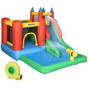 Buy Kids Inflatable Bouncy Castle Water Slide 6 in 1 Bounce House Jumping Castle Water Pool Gun Climbing Wall Basketball Hoop with Air Blower for Summer Playland