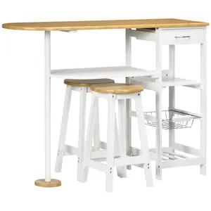 Buy 3 Piece Bar Table Set, Breakfast Bar table and Stools with Storage Shelf, Drawer, Wire Basket and Wine Rack for Kitchen, Home Bar, Natural and White