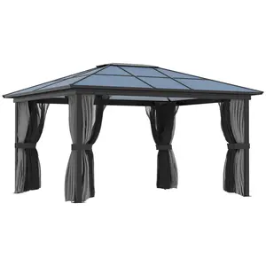 Buy Outsunny 3.6 x 4m Hardtop Gazebo Canopy with Polycarbonate Roof, Aluminium Frame, Permanent Pavilion Garden Gazebo with Netting and Curtains for Patio, Deck, Dark Grey