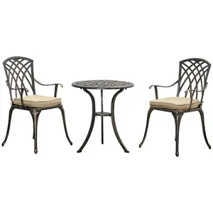 Buy Outsunny 3pc Cast Aluminium Garden Bistro Set for 2 with Parasol Hole, Outdoor Coffee Table Set Rust Resistant with Cushions, Bronze