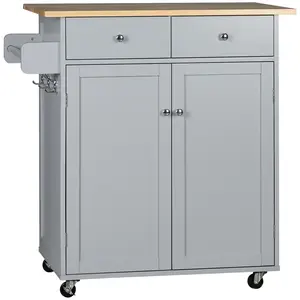 Buy Rolling Kitchen Island on Wheels, Utility Serving Cart with Rubber Wood Top, Towel Rack, Hooks and Storage Drawers, Grey