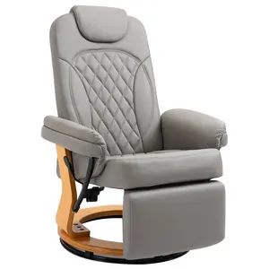 Buy HOMCOM PU Recliner Chair with Footrest, Headrest, Round Wooden Base, Lounge Reading Armchair for Living Room, Bedroom and Office, Grey