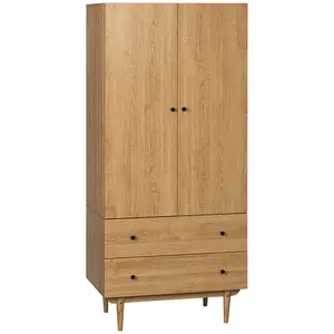 Buy Wardrobe with 2 Doors, 2 Drawers, Hanging Rail for Bedroom Clothes Storage Organiser, 80x52x180cm, Natural Tone
