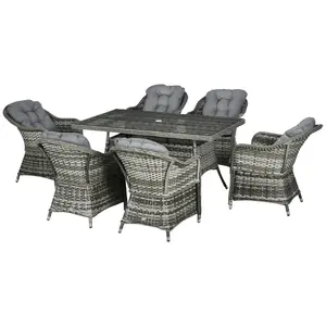 Buy Outsunny Seven-Piece Rattan Dining Set with Tempered Glass Table Top and Parasol Hole - Grey