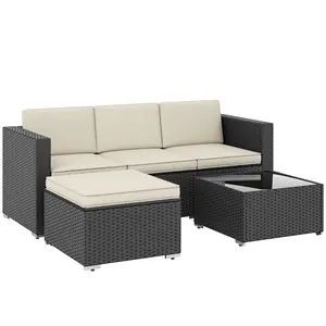Buy Outsunny 3 Pieces Garden Furniture Set w/ Cushions, PE Rattan Wicker Conversation Corner Sofa Set