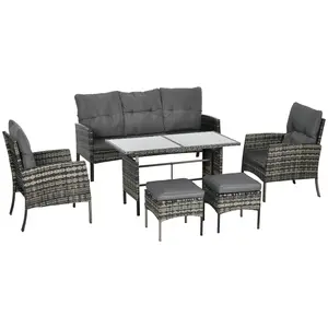 Buy 5 Seater Rattan Garden Furniture Set, 2 Armchairs, 3-Seater Wicker Sofa, 2 Footstools and Glass Table, 6 Piece Patio Rattan furniture Sofa Sets with Cushions for Conservatory, Mixed Grey