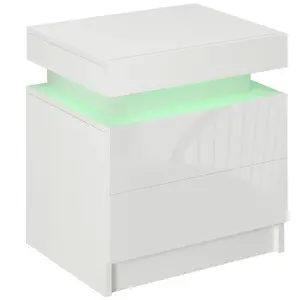 Buy White Bedside Table with LED Light, High Gloss Front Nightstand with 2 Drawers, for Living Room, Bedroom