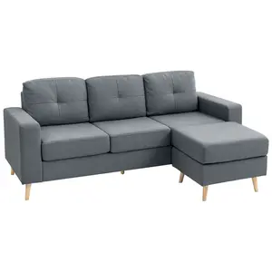 Buy 3 Seater Sofa with Footstool, Fabric L-Shaped Sofa, Sectional Couch with Wood Legs, Tufting Cushioned Back for Small Space, Living Room, Office, Dark Grey