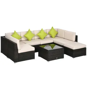 Buy Outsunny 7-Seater PE Rattan Corner Sofa Set, Garden Furniture Set, Patio Wicker Sofa Seater w/ Cushion, Washable Cushion Cover & Tempered Glass Table, Brown