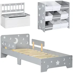 Buy 3PCs Kids Furniture Bedroom Set with Bed, Toy Box Bench, Storage Unit with Baskets, Star and Moon Patterns, for 3-6 Years Old Boys Girls, Grey
