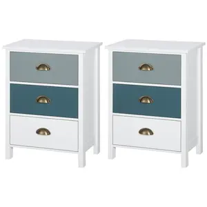 Buy Bedside Table Set of 2 Chest of 3 Drawers Shabby Chic Nightstands with Metal Handle Sofa Side Table for Living Room, Bedroom,Grey and blue