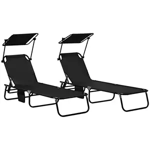 Buy Outsunny Set of Two Folding Sun Loungers, with Adjustable Backs and Sun Canopies - Black