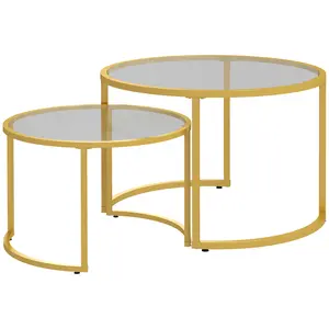 Buy Coffee Table Set of 2, Modern Nest of Tables with Tempered Glass Top, Steel Frame for Living Room, Gold Tone
