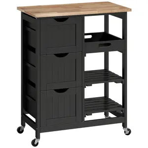 Buy Rolling Kitchen Island Cart, Bar Serving Cart, Compact Trolley on Wheels with Wood Top, Shelves & Drawers for Home Dining Area, Black