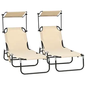 Buy Outsunny 2 Piece Folding Sun Loungers with Canopy, Adjustable Recliner Garden Chairs with Side Pocket, Steel Frame and Breathable Mesh for Outdoor, Pool, Beach, Garden, Tan Brown
