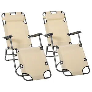 Buy Outsunny 2 in 1 Folding Sun Lounger Reclining Garden Chair Set of 2 with 2-Level Adjustable Backrest, Outdoor Zero Gravity Recliner Garden Chairs with Head Pillow and Armrests, Beige