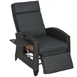 Buy Outdoor Recliner Chair with Adjustable Backrest and Footrest, Cushion, Side Tray, Dark Grey/Brown