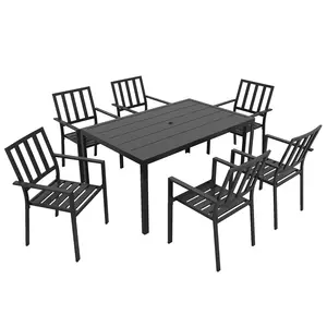 Buy Outsunny Seven-Piece Minimal Metal Garden Dining Set, with Parasol Hole - Black