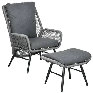 Buy Outsunny String Rattan Armchair and Footstool Set, with Cushions - Grey