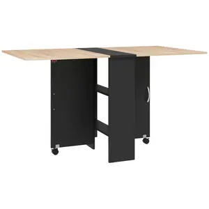 Buy 80-140 cm Folding Dining Table for 4-6 People, Drop Leaf Table with 2-Tier Shelves, Rolling Casters, for Small Spaces, Kitchen, Flat, Dining Room, Oak and Black
