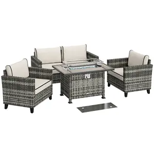 Buy 5-Piece Rattan Patio Furniture Set with Gas Fire Pit Table, Loveseat Sofa, Armchairs, Cushions, Pillows, Grey