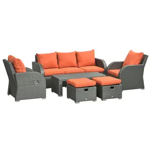 Buy Outsunny Six-piece Outdoor Rattan Dining Set, Outdoor Sofa Set with Reclining Armchairs and Mental Frame, Orange