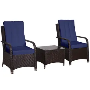 Buy 3 Pieces Rattan Bistro Set with Furniture Cover, Wicker Garden Furniture Set, Glass Top Coffee Table and Chairs with Cushions for Outdoor, Patio, Balcony, Dark Blue