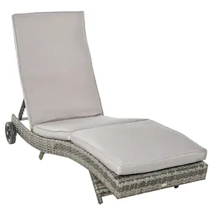 Buy Outsunny Patio Wicker Chaise Lounge Chair, Outdoor PE Rattan Sun Lounger with Adjustable Backrest and 2 Wheels, Grey