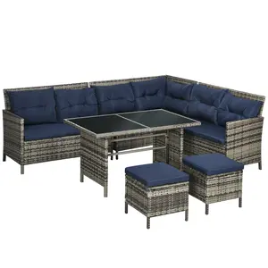 Buy 7-Seater Patio wicker Sofa Set Rattan Chair Furniture w/ Glass & Cushioned, Dark Blue