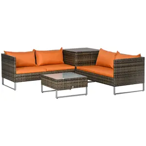 Buy 4 Piece Rattan Garden Furniture Set, Outdoor Corner Sofa Set with Storage Table, Loveseats, Cushions - Orange