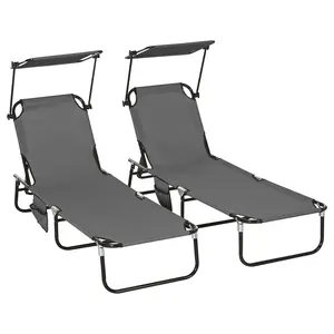 Buy Outsunny Set of Two Folding Sun Loungers, with Adjustable Backs and Sun Canopies - Grey