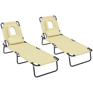 Buy Outsunny Folding Sun Loungers Set of 2 with Face Hole, 4-Position Adjustable Backrest Garden Recliner Chairs Sunbeds, Outdoor Lounge Chairs with 600 D Oxford Cloth Seat, Pillow for Beach, Beige