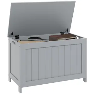 Buy Storage Chest, Modern Storage Trunk with 2 Safety Hinges and Cut-out Handles, Wooden Toy Box for Living Room, Entryway, 76 x 40 x 48 cm, Grey