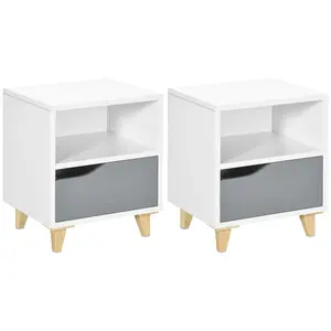 Buy Set of 2 Modern Bedside Tables with Shelves, Drawers and Wood Legs, 36.8cm x 33cm x 43.8cm, White and Grey