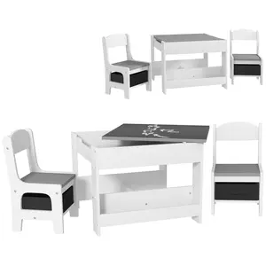 Buy Three-Piece Kids Table and Chair Set with Blackboard, Storage, Bookshelves - Grey