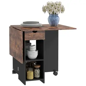 Buy HOMCOM Folding Dining Table, Drop Leaf Table for Small Spaces, Foldable Table with Drawer and Storage Shelves for Kitchen, Dining Room, Rustic Brown