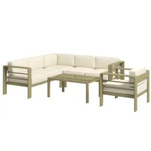 Buy 5-Piece Garden Corner Sofa Set with Cushions, 6 Seater Aluminium Garden Furniture Set with Glass Top Coffee Table, Patio Sectional Conservatory Furniture for Patio & Terrace, Gold Tone
