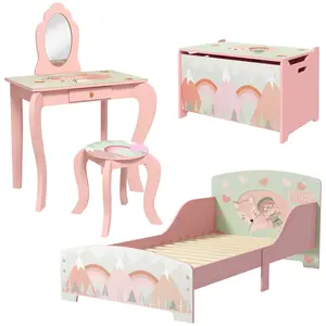 Buy ZONEKIZ Kids Bedroom Furniture Set Includes Bed Frame, Toy Chest, Dressing Table for Ages 3-6 Years, Pink