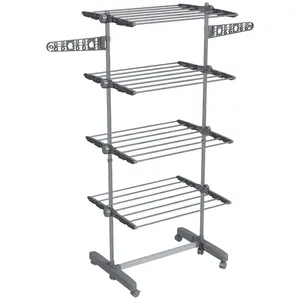 Buy HOMCOM Four-Shelf Collapsing Clothes Horse, With Side Arms and Wheels - Grey