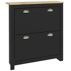 Buy 2 Drawer Shoe Cabinet Modern Narrow Shoe Cupboard Hallway Wooden Storage Organiser with Flip Doors Adjustable Shelf for 6-12 Pairs, Black
