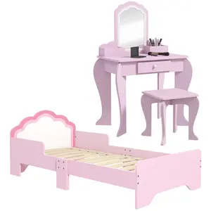 Buy ZONEKIZ Wooden Kids Bedroom Furniture Set with Kids Dressing Table, Stool, Bed, for 3-6 Years, Cloud-Design