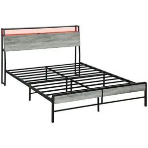 Buy Double Steel Bed Frame, with LED Lights and Shelf - Grey
