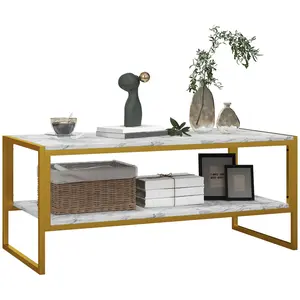 Buy Coffee Table, Two-Tier Faux Marble Effect Centre Table with Metal Frame and Storage Shelf for Living Room, 106 x 50 x 45cm, White