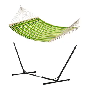 Buy Outdoor Garden Hammock with Stand, Double Cotton Hammock with Adjustable Steel Frame, Swing Hanging Bed with Pillow, for Garden, Patio, Beach, Green Stripes