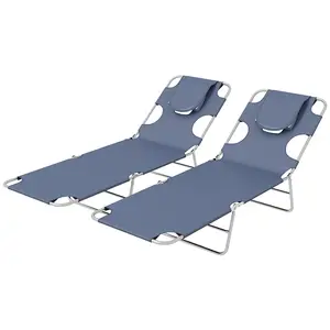 Buy Outsunny Foldable Sun Lounger Set of 2 with Reading Hole, Portable Sun Lounger with 5 Level Adjustable Backrest, Reclining Lounge Chair with Side Pocket, Headrest Pillow, Grey