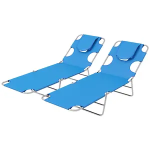 Buy Outsunny Foldable Sun Lounger Set of 2 with Reading Hole, Portable Sun Lounger with 5 Level Adjustable Backrest, Reclining Lounge Chair with Side Pocket, Headrest Pillow, Blue