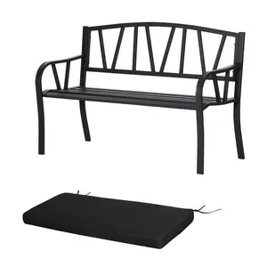 Buy 2-Seater Garden Bench with Cushion, Metal Loveseat, Slatted Outdoor Park Chair with Decorative Backrest and Armrest, Black