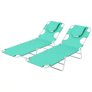 Buy Outsunny Foldable Sun Lounger Set of 2 with Reading Hole, Portable Sun Lounger with 5 Level Adjustable Backrest, Reclining Lounge Chair with Side Pocket, Headrest Pillow, Green